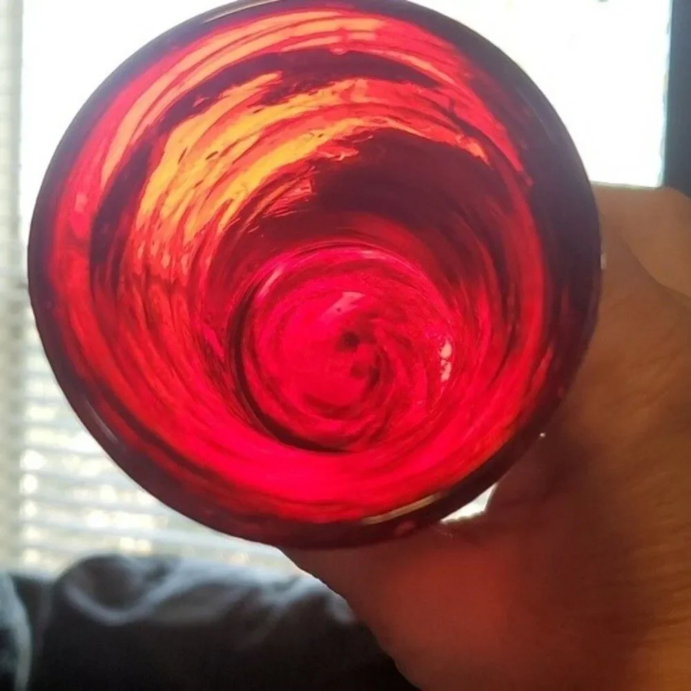 Art Glass Vase | Red with Gold & Black Swirls | Studio-Style Hand Blown MCM